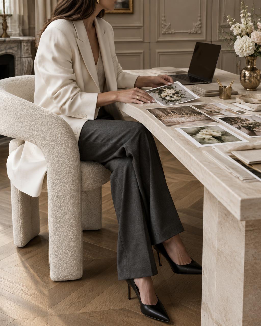 A creative director curating event moodboards in an ivory blazer and black heels